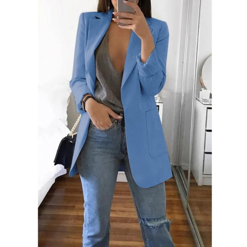 OL commuter solid color lapel suit collar long-sleeved cardigan loose long women's blazer OL commuter solid color lapel suit collar long-sleeved cardigan loose long women's blazer
