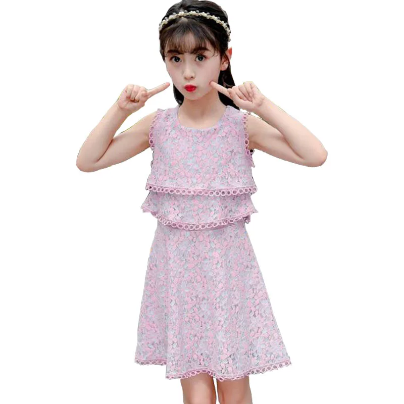 

Baby Girl Dress 2019 Summer New Solid Cotton Cute Joker Clothing 3-14 Year Old Girl O-Neck Sleeveless Lace Straight Dress