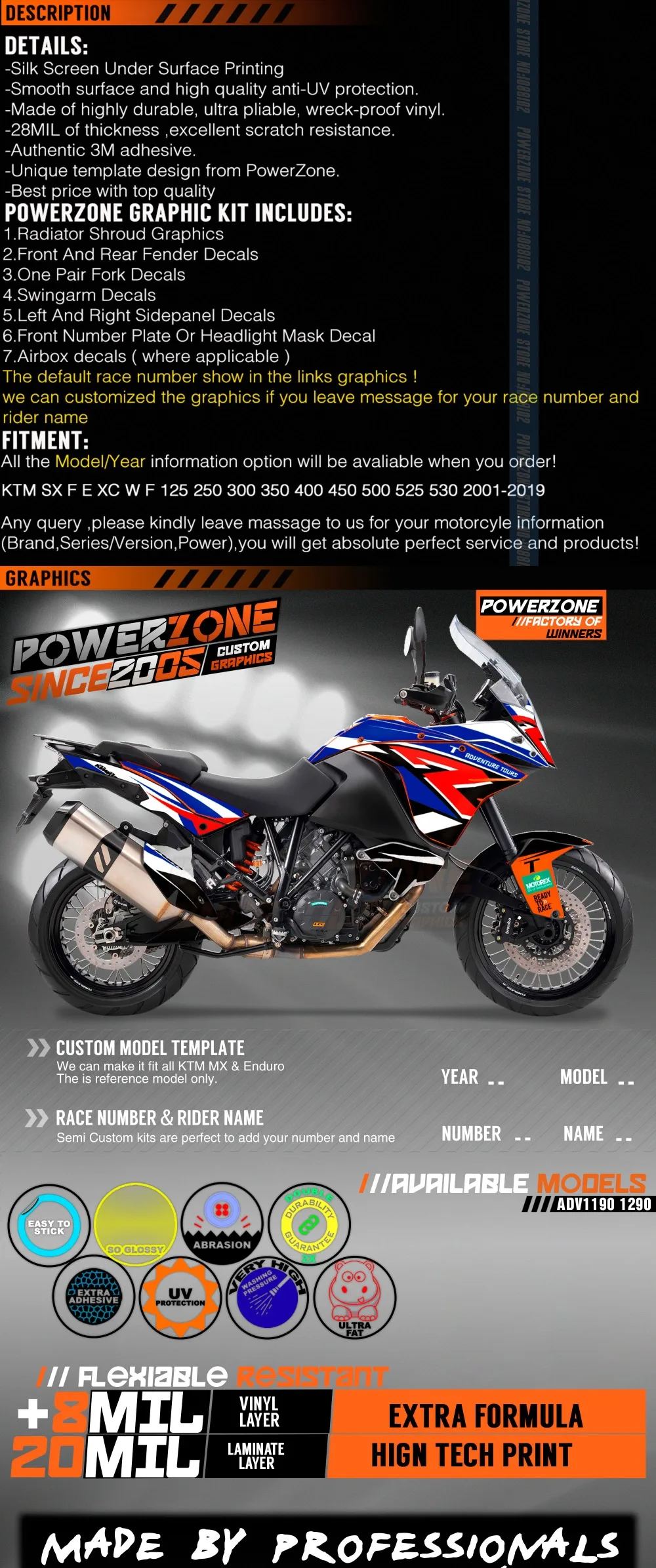 PowerZone Custom Team Graphics Backgrounds Decals 3M Stickers Kit For KTM ADV 1050 1090 1190 1290 114