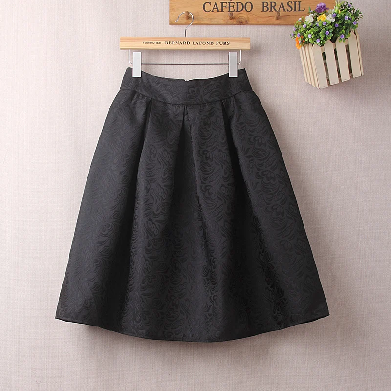 

2019 Womens Plus Size Office Wear Tutu Saia Winter Black Red Jacquard Pleated Ball Gown Skater Ladies Midi Skirts