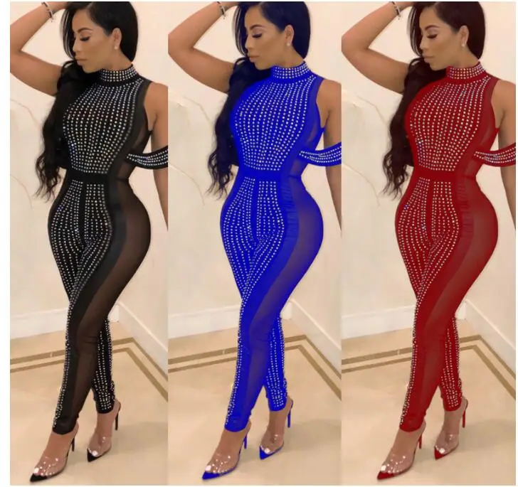 

Diamond Jumpsuit 2020 Women Elegant Ruffle Hollow Out See Through Patchwork Mesh Rompers Clubwear