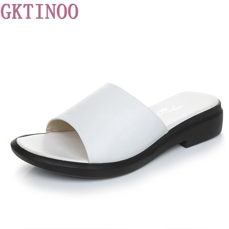 

GKTINOO Summer Women's Slippers 2019 Sweet Flat Heel Shoes Black White Genuine Leather Woman Slides Plus Size 35-43
