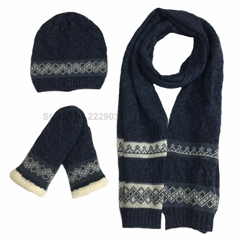 Новое поступление, шерстяные мужские шапки, шарфы, перчатки, три части, теплые, Осень-зима, высокое качество, мужской вязаный шарф, шапка и перчатки, наборы - Цвет: Jean blue set