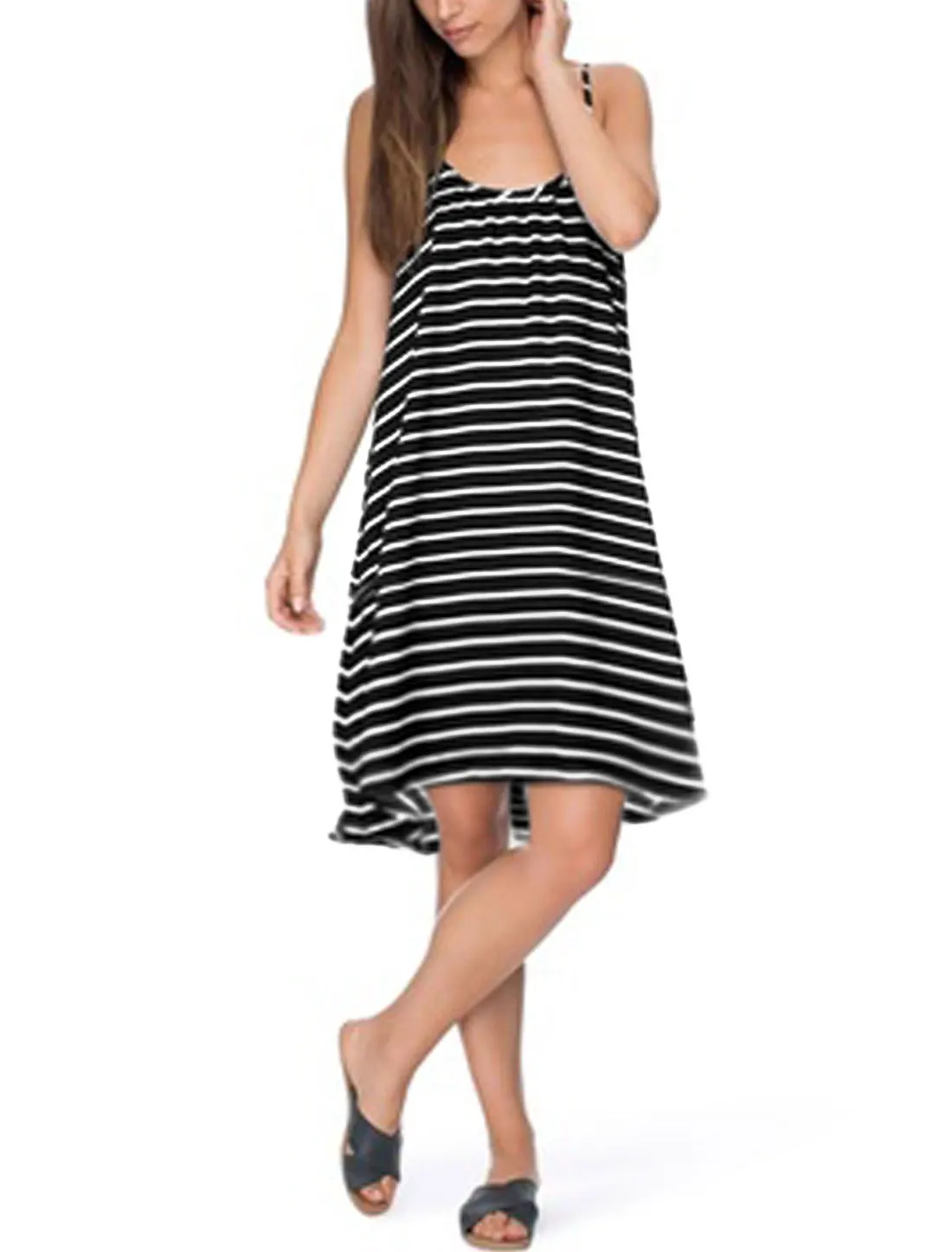 Allegra K Women Scoop Neck Spaghetti Straps Stripes Backless Cami Dress | Женская одежда