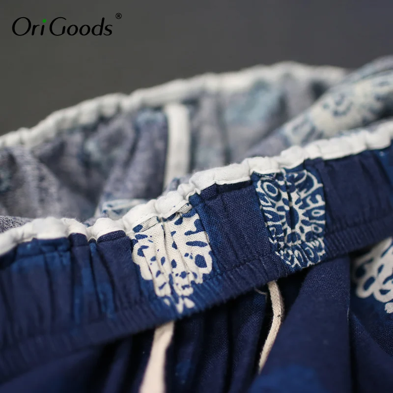 Женские брюки с широкими штанинами OriGoods хлопковые принтом и эластичным поясом