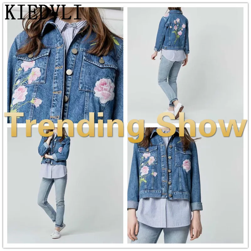 KIEDVLI Spring Autumn Jackets Vinatge Denim Jacket Floral Embroidery Fashion Coat Women Solid Long Sleeve Outwear 9757
