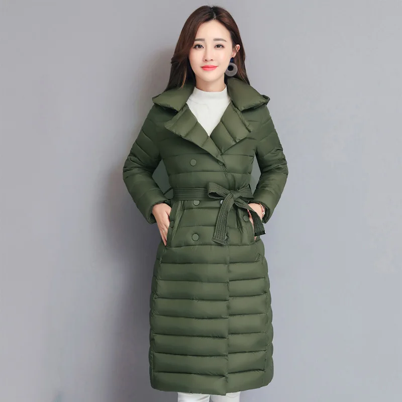 Дизайн, зимняя куртка для женщин, отложной воротник, пуговицы с поясом, Женское пальто, женская элегантная длинная парка - Цвет: Армейский зеленый