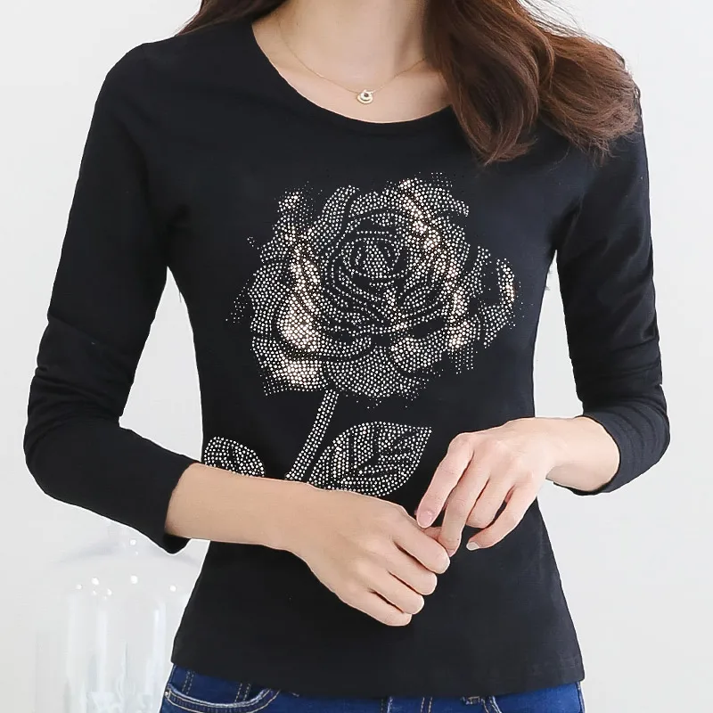 Camisetas Mujer, осенняя женская футболка, женская футболка, женские футболки, женские Стразы, Топ с длинным рукавом, vetement femme