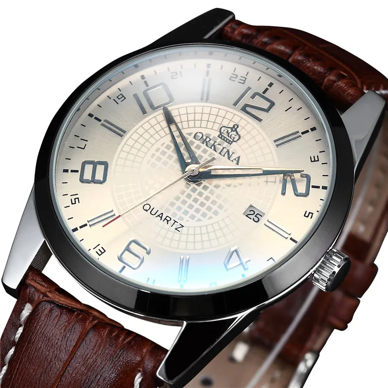 Мг. Мужские наручные часы ORKINA коричневые кварцевые с большим циферблатом