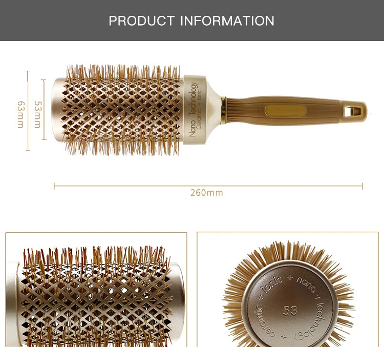 53 мм Керамика волос Удар круглый кисточки термостойкие парикмахерские щетки для укладки волос золото
