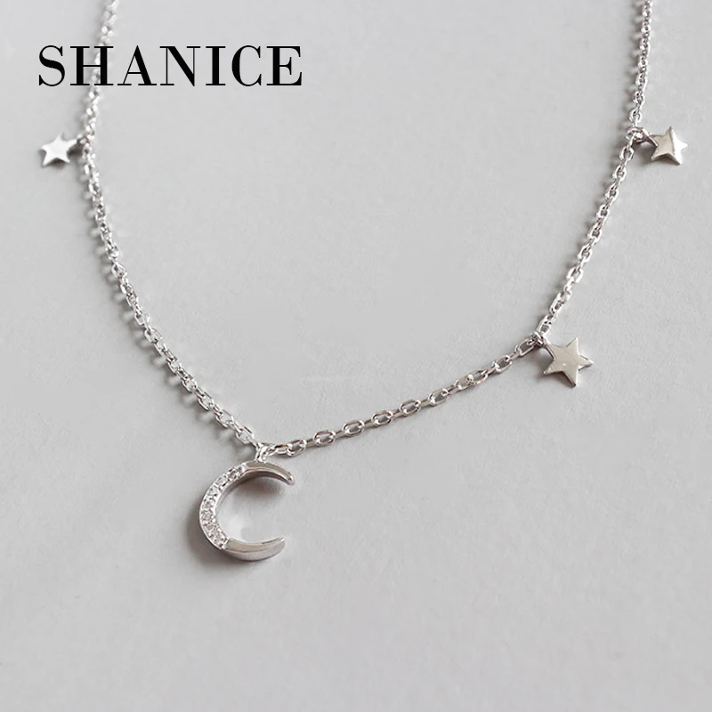 

SHANICE 925 Sterling Silver Necklace Woman Fine Jewelry CZ Crystal Moon And Star Pendant Necklaces For Party Girls