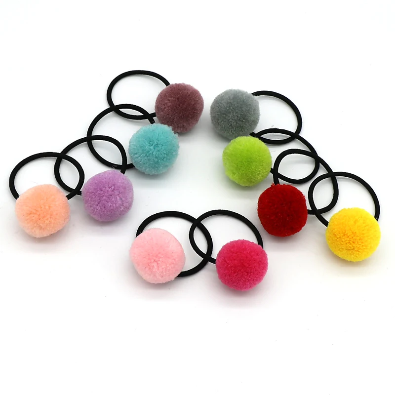

100pcs/lot Wholesale Girls Pompom Elastic Hair Bands 10 Color Series Fur Ball Rezinochki Cute Kids Hair Rope Hair Accessories