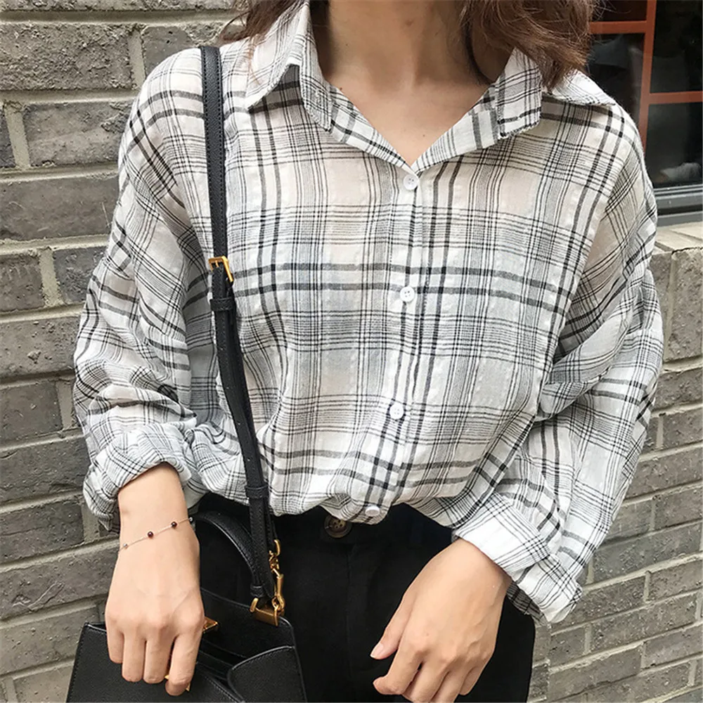  Wide Shoulder Plaid Women Blouses 2018 Autumn Linen Big Chest Plaid Shirts Loose Women Top Blusas Lantern Sleeve Clothing (17)
