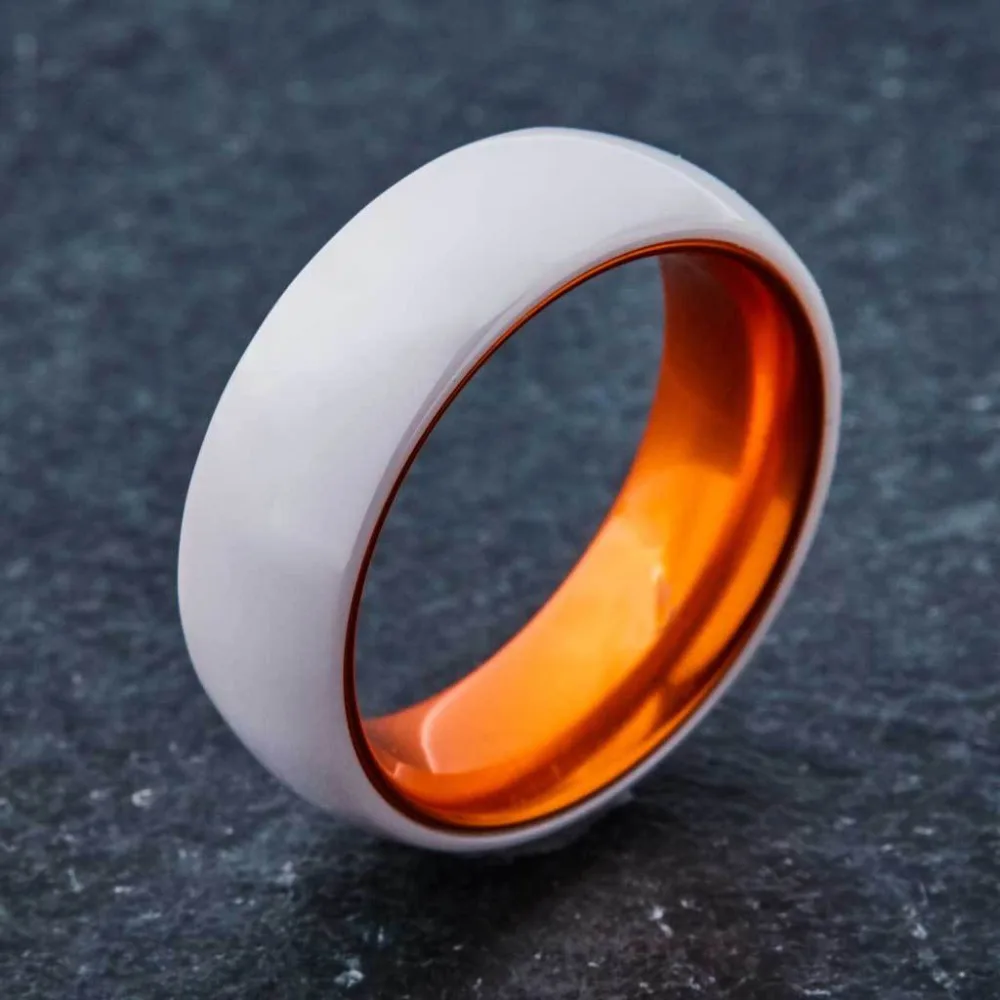 Please E-Mail Sizes 8mm White Ceramic High Polish Domed with Red Carbon Fiber Inlay Wedding Band Ring Sizes 7 to 12