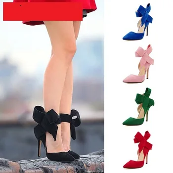 

Korean fashion women's shoes pointed big bow thin heel shoes shallow mouth perfect wedding shoes red green