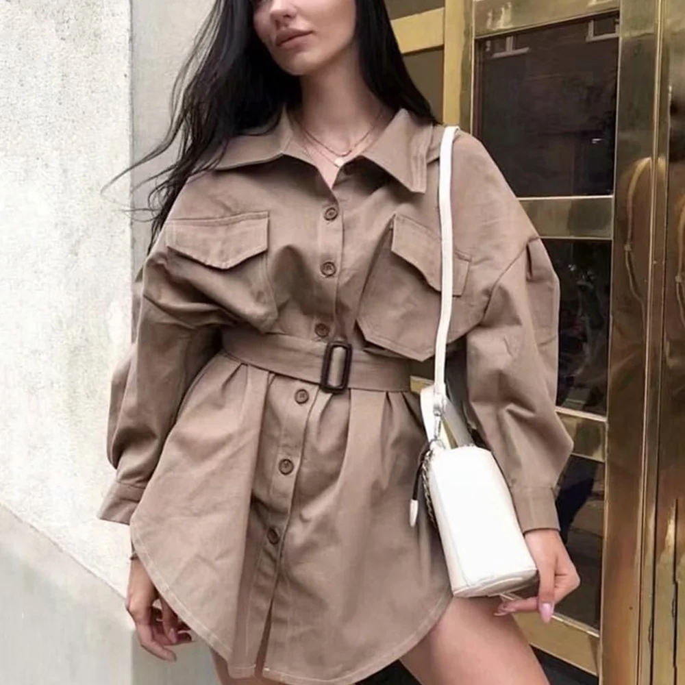 Long Sleeve Women Dresses Spring Pocket Button Blusas Female Sashes Casual Beach Party Women Turn Down Collar Autumn Clothing