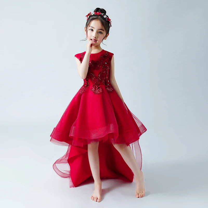 

4 Colors Beading Flower Girl Dresses for Wedding Short Front Long Back Princess Prom Dress Ball Gown Backless Evening Dress