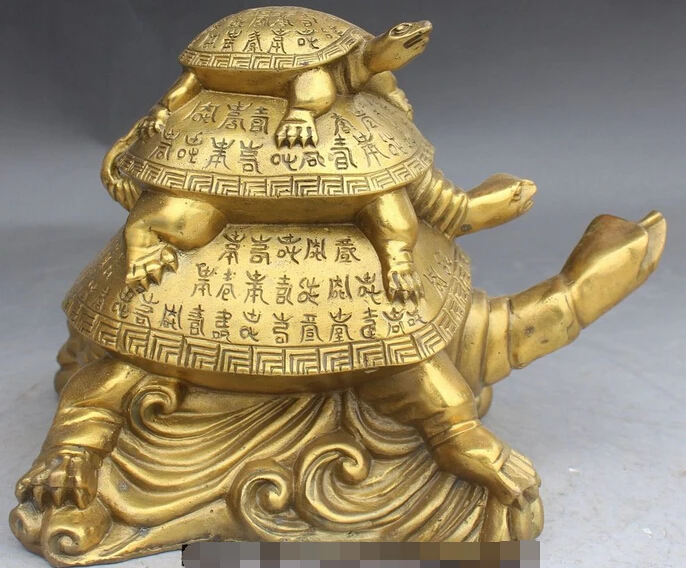 

10" Chinese Folk Asian Bronze Longevity Dragon tortoise Turtle Animal Statue R0709