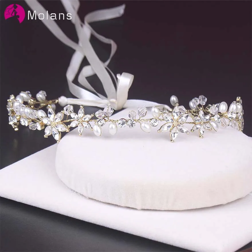 

MOLANS Shinny Crystal Floral Pearl Headband for Bridal Wedding Accessories Handmade Alloy Twisted with Adjustable Ribbon Jewelry
