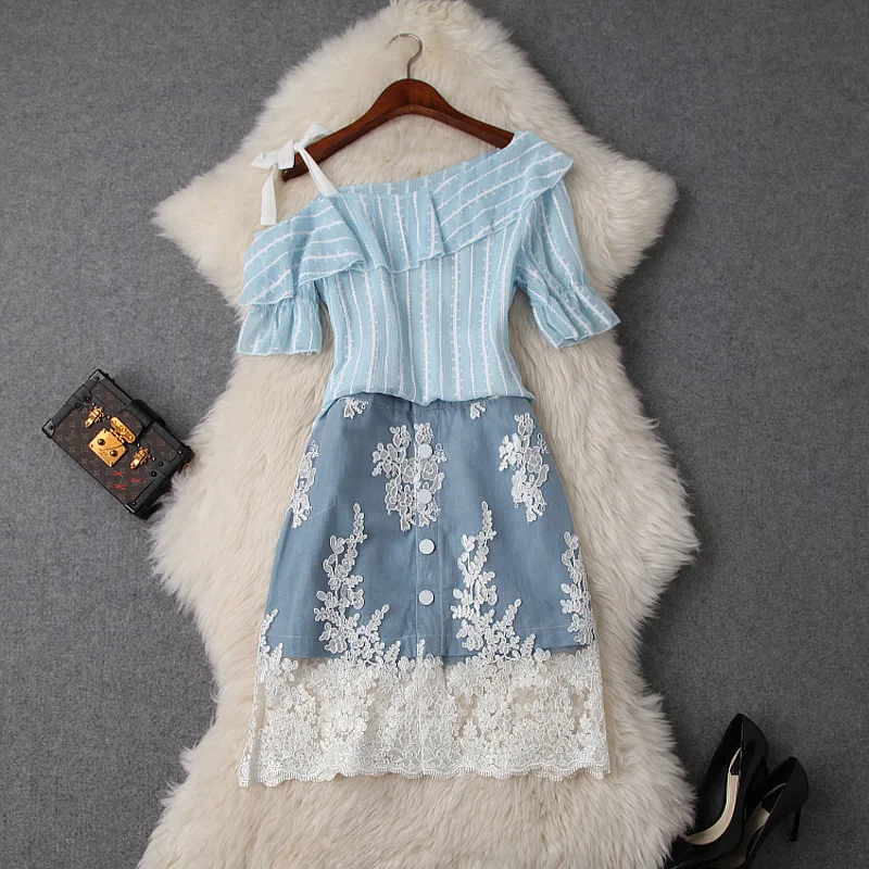 

Skirt Set Women Summer 2019 New Strapless Single Shoulder Ruffles Top + Mesh Embroidered Patchwork Denim Skirt Two Piece Sets