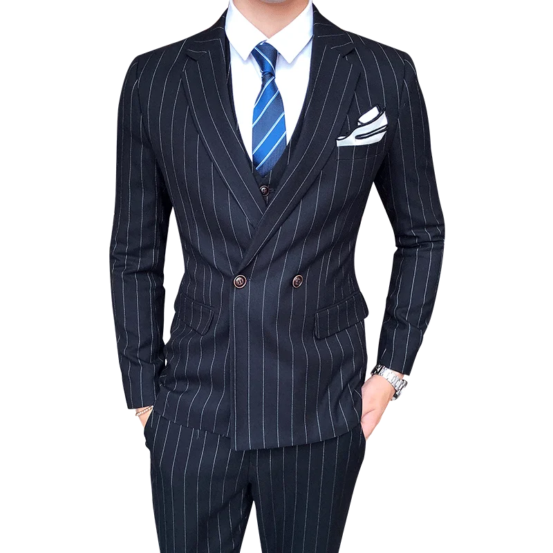2018 New Striped Bussiness Suits Men (jacket+pants+vest) Double-breasted Slim Fit Party Wedding Dress Suit 