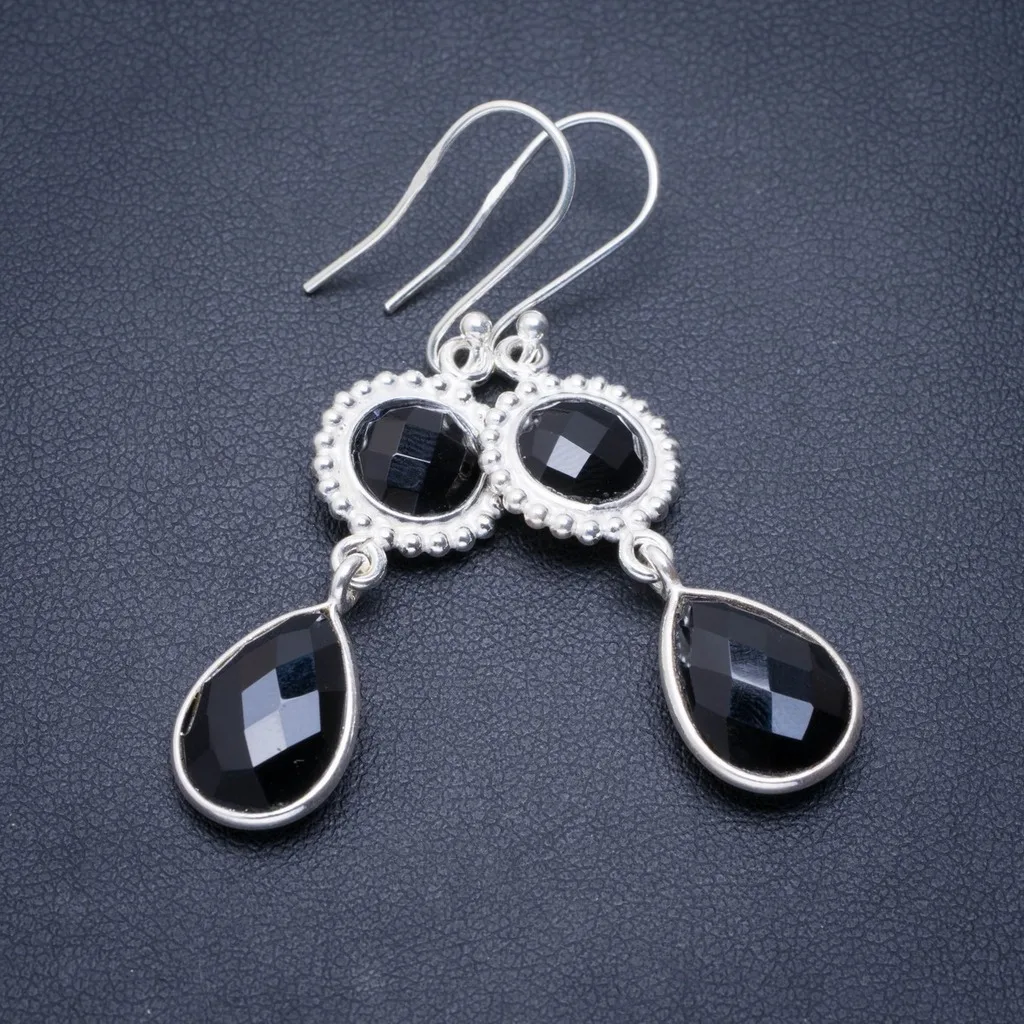 

Natural Black Onyx Handmade Unique 925 Sterling Silver Earrings 2" A1357