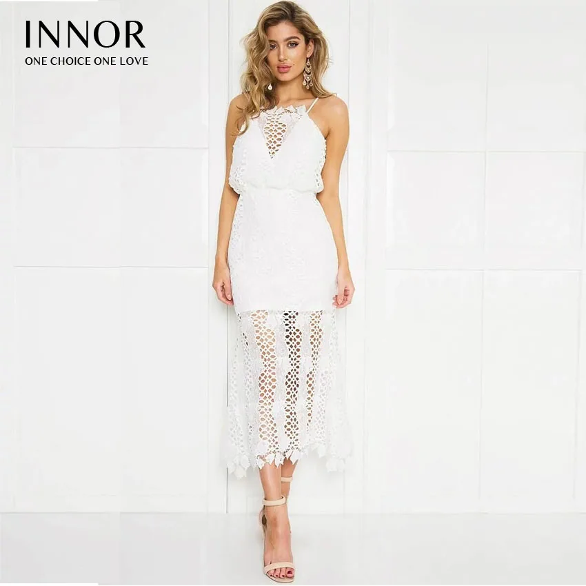 

INNOR 2017 Backless beach summer dress women Zipper white lace dress new year Hollow out sexy party dresses tassels vestidos