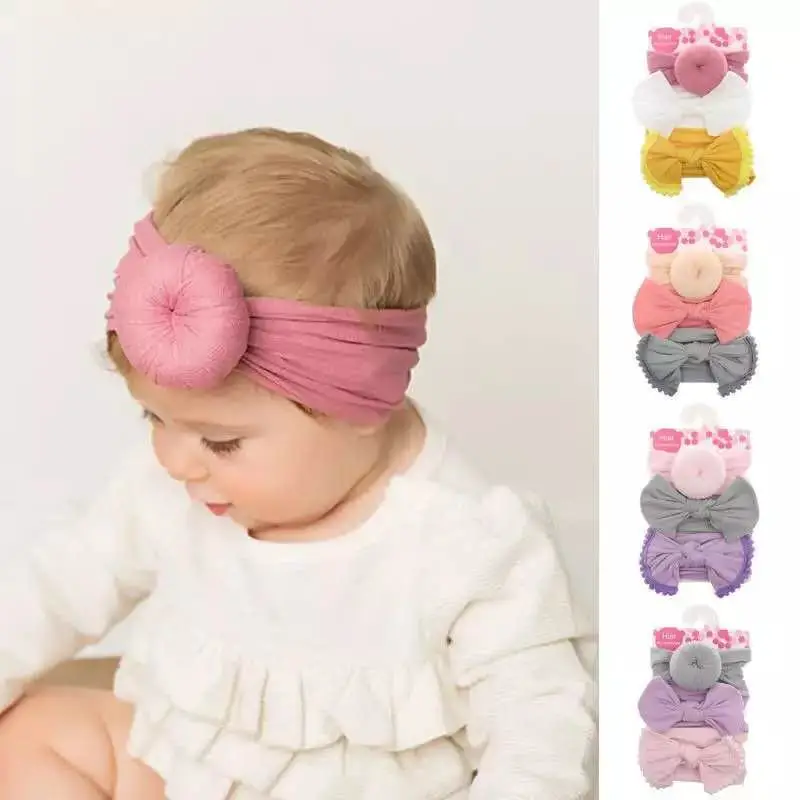 

3pcs/ lot new baby girl headband nylon solid colr bowknot cute kid children hairband elastic