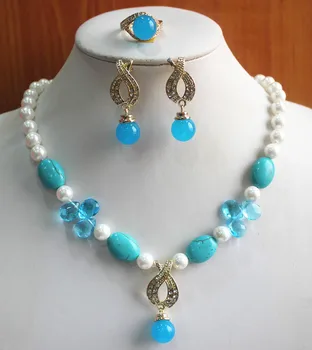 

engagement! Wholesale Women's 8mm white pearl mixed blue turqoise Necklace earring ring(7/8/9) jewelry set #240