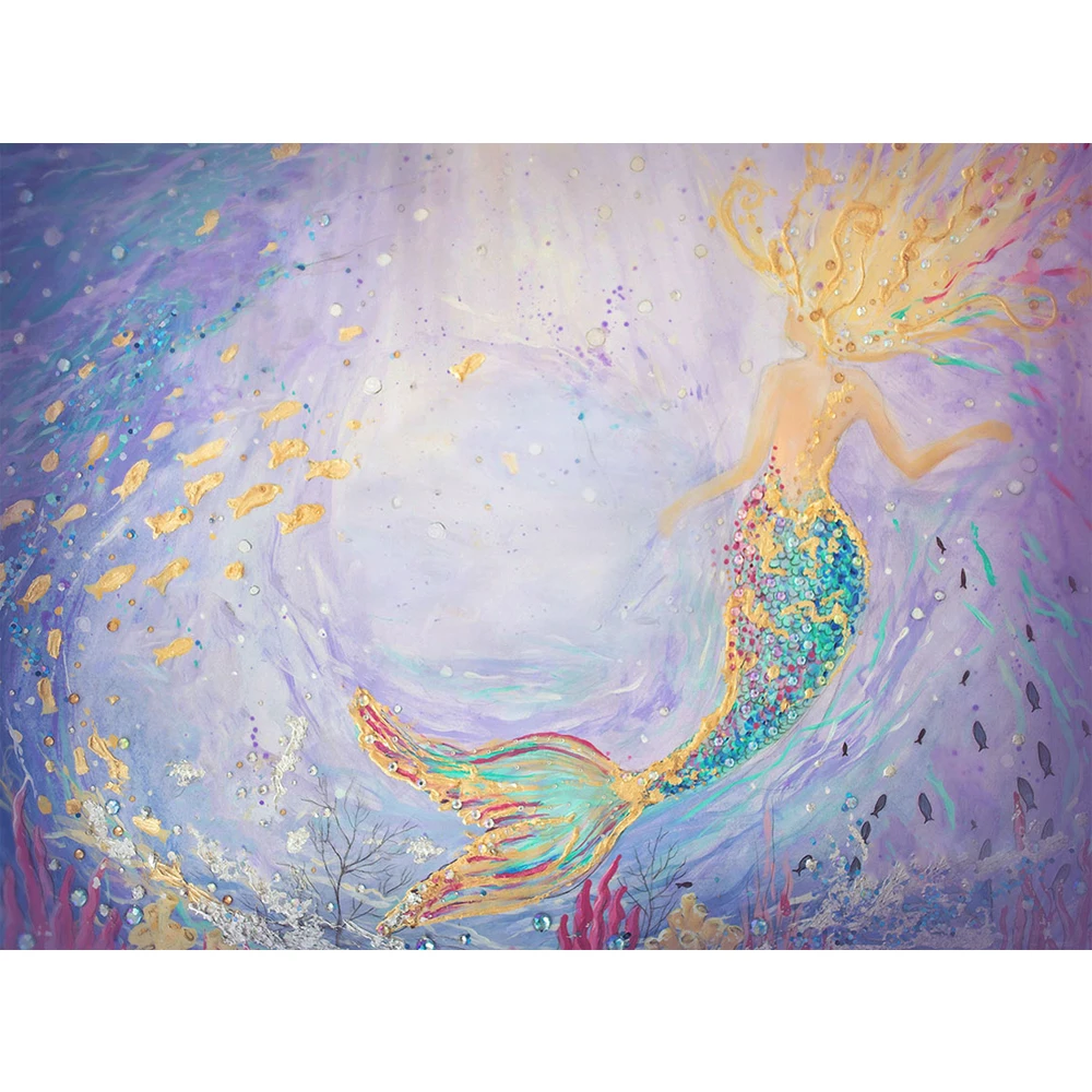 

Oil Painting Mermaid Under the Sea Backdrop Light Purple Blue Printed Fishes Princess Girl Birthday Party Photo Booth Background
