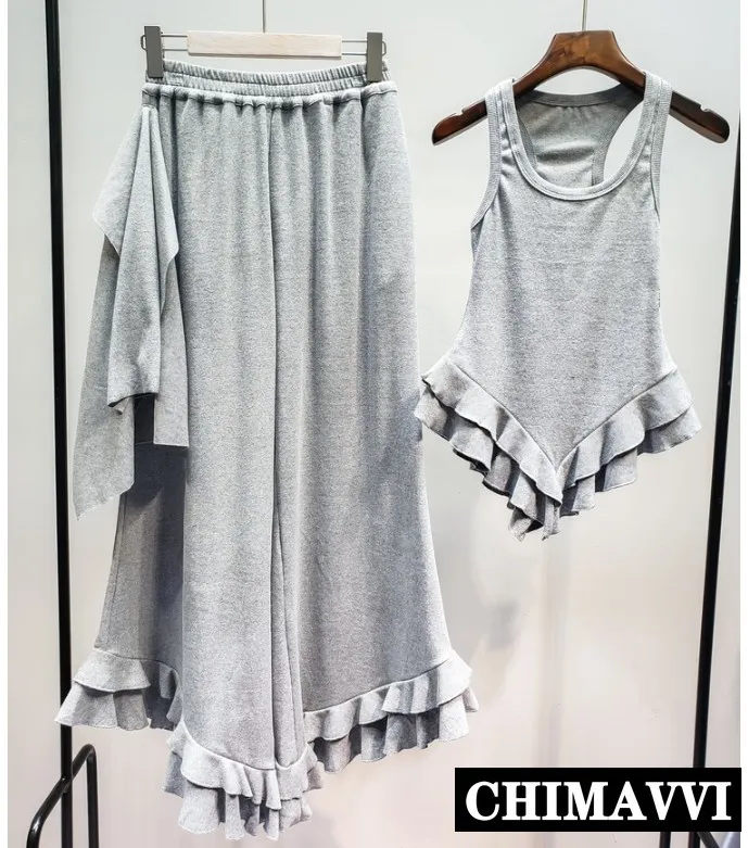 

New Fashion Summer Women Ruffled Hem Tank Tops + Loose Waist Wide Leg Trousers Two-piece Female Leisure Pants Set