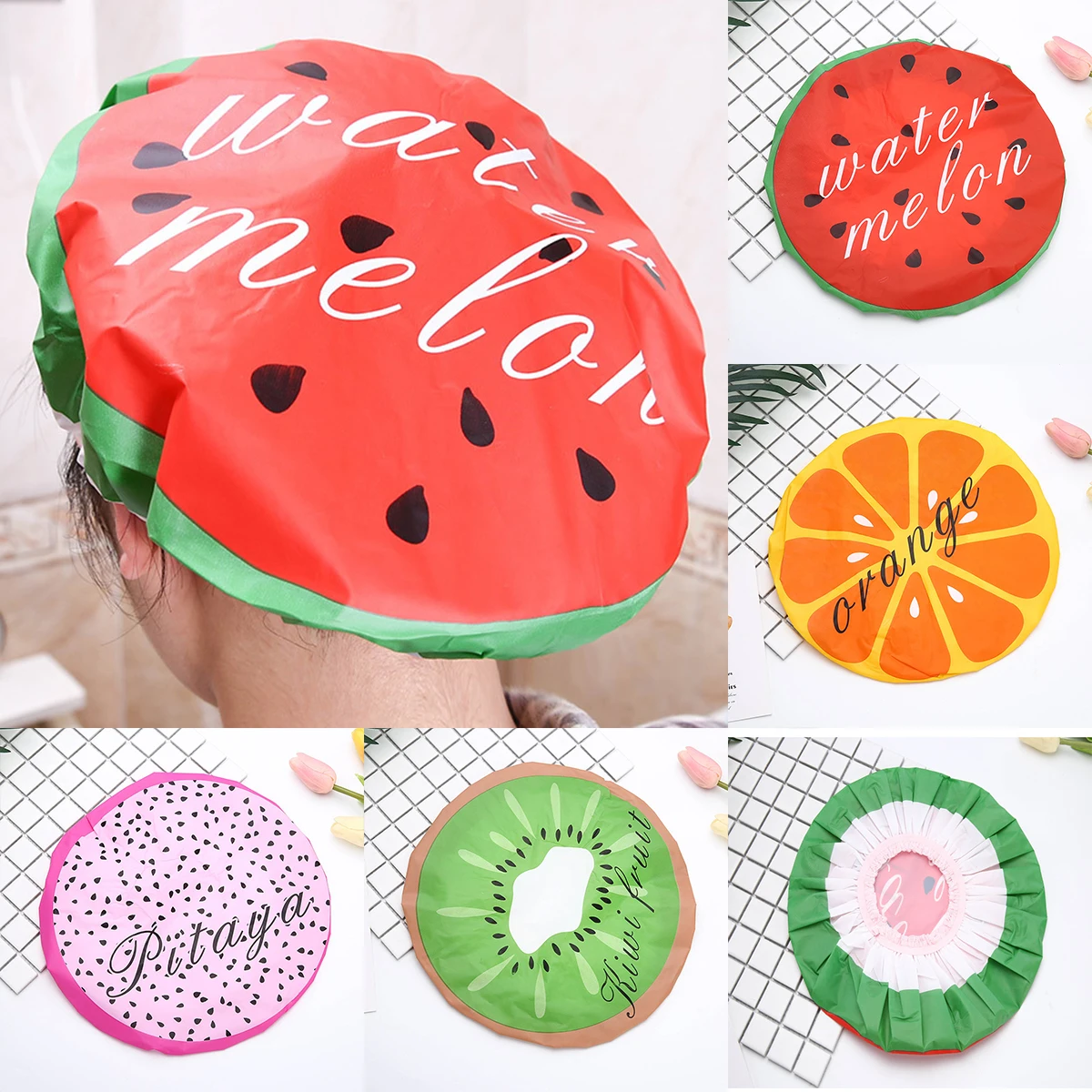 

Cute Fruit Shower Bath Cap Watermelon Women Hat for Baths Saunas Lace Elastic Band Cap Spa Cap Women Kids Hair Protective Cap