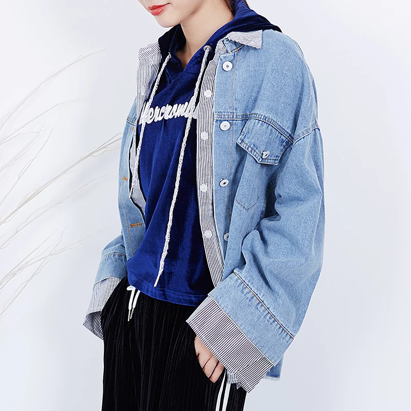 Lâche Automne Denim Dames Patchwork Pièces Faux Femme Mode Blue Manteaux Pardessus Z175 Printemps Veste À Manches Vinatge Longues Rayé Deux qwBAXa5