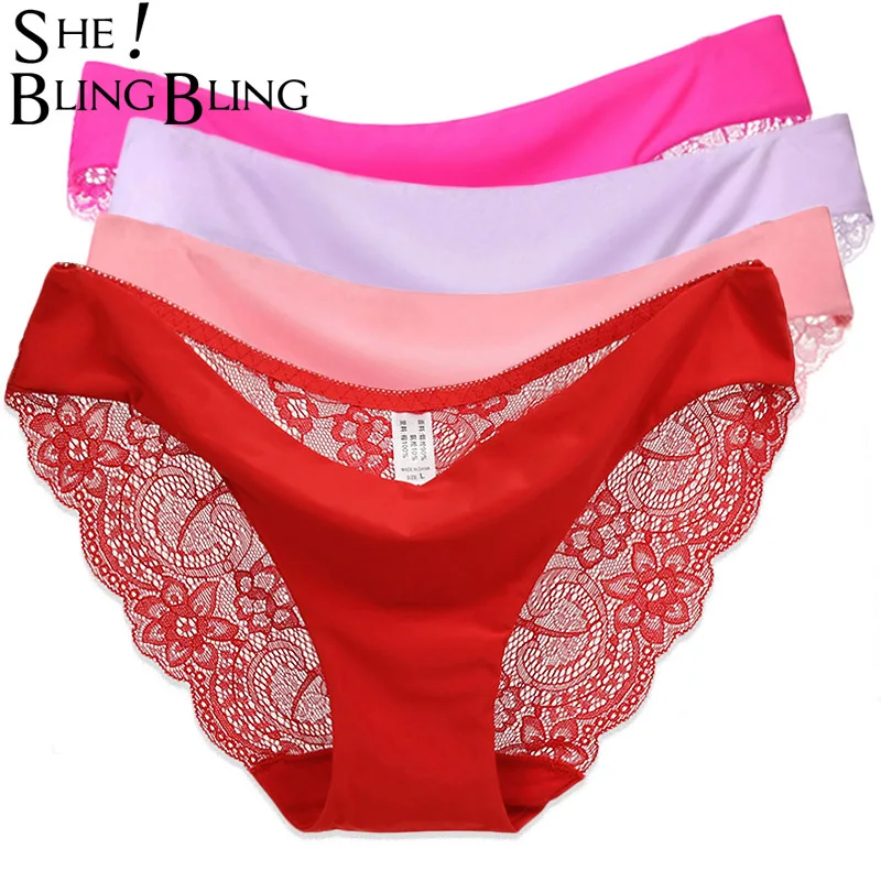 

SheBlingBling 4pcs Set Sexy Briefs Low Waist Soft Breathable Women Panties Flower Lace Cut Sew Triangle Brief Crotch of Cotton