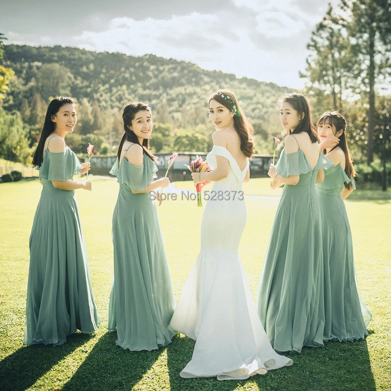 YNQNFS BD10 шифоновое платье с открытыми плечами и оборками для свадебной вечеринки фиолетовые светло-зеленые платья для подружки невесты длинные реальные фотографии