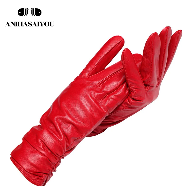 red Модные новые продукты, зимние кожаные перчатки, короткие кожаные перчатки для женщин, дизайнерские зимние кожаные перчатки для женщин - Цвет: red
