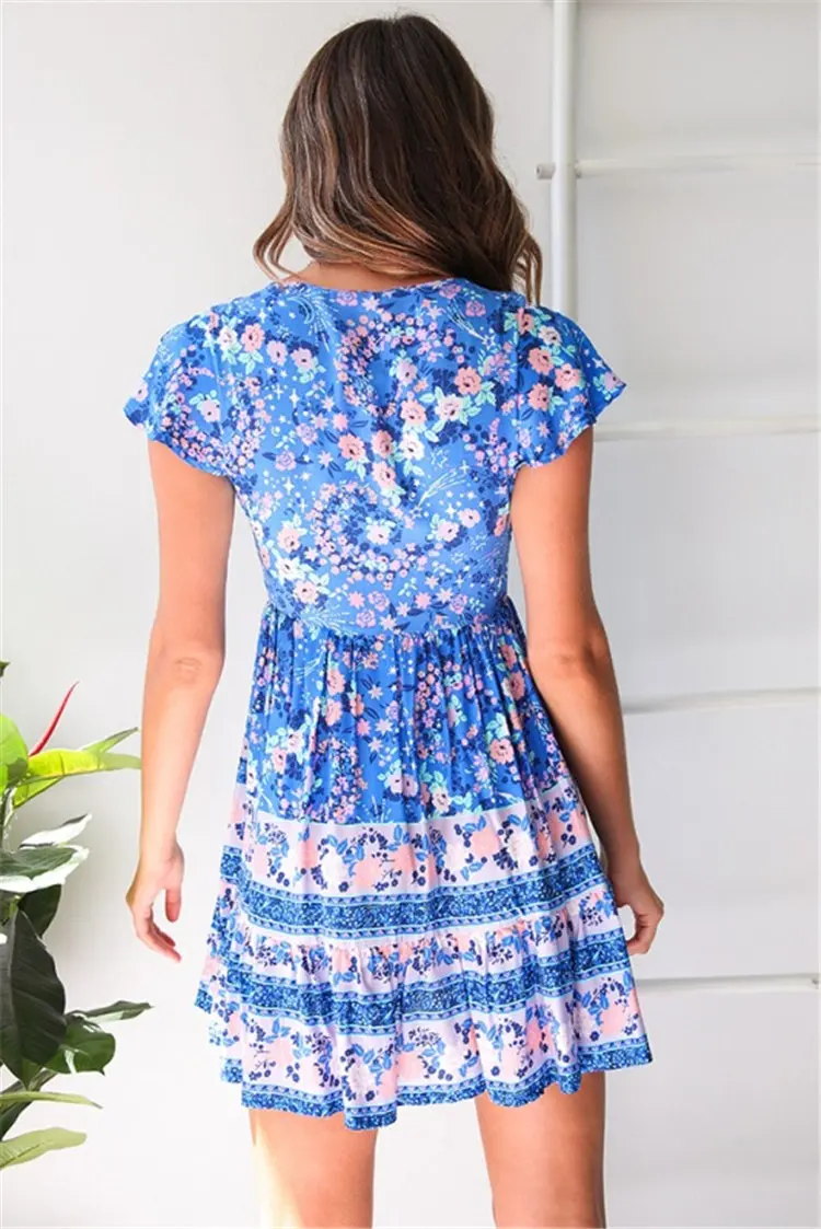 Gladiolus Fashion Summer Women Dress Short Sleeve Button Deep V Neck Sexy Floral Print Mini Boho Dress 2019 Ladies Beach Dresses (35)