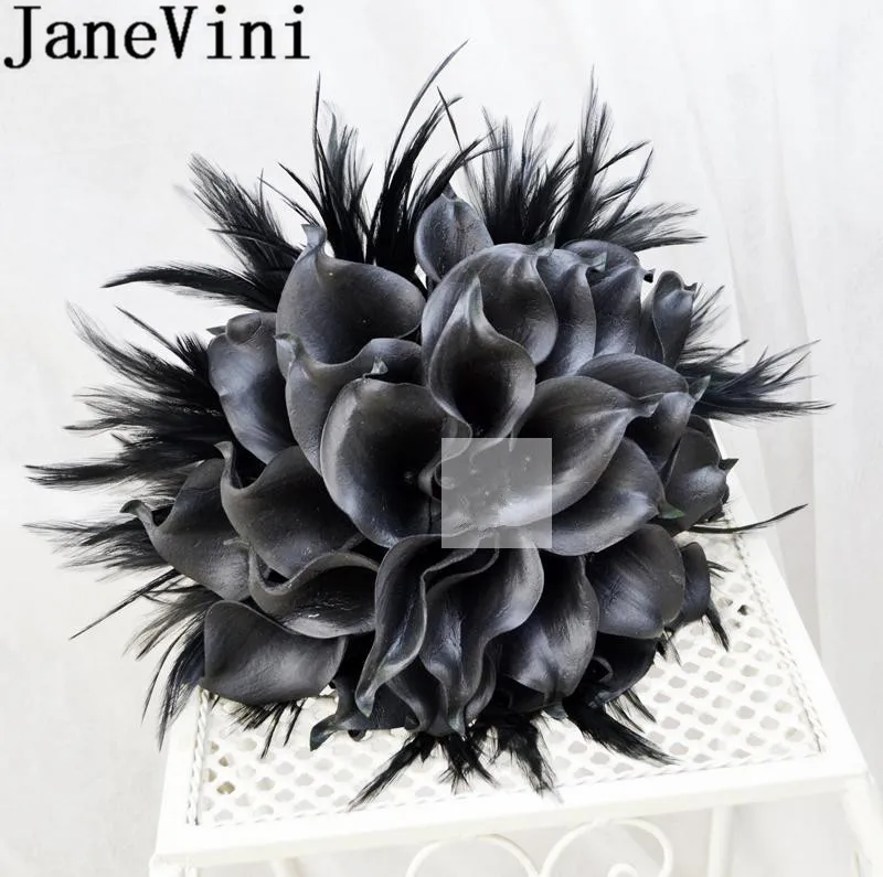 JaneVini, черные цветы невесты с перьями,, искусственная Калла Лилия, винтажная свадебная брошь, свадебные букеты, бутоньерка для жениха