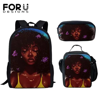 

FORUDESIGNS Black Art African Girls Print School Bags Set For Teen Girls Primary 16 Inch Children Women Backpack School Kids Bag