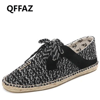 

QFFAZ 2018 New Men Canvas Shoes Breathable Men Summer Lace-up Flats Casual Driving Loafers Weaving Casual Shoe Espadrilles Flats