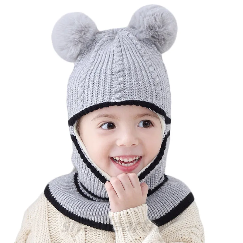Милая шапка с кошачьими ушками для мальчиков и девочек, детская зимняя теплая вязаная шапка с толстым бархатом и воротником, Детская ветрозащитная шерстяная шапка, шарф - Цвет: gray ball