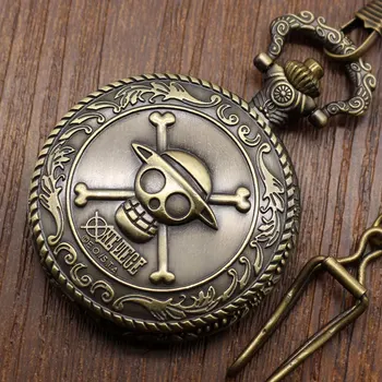 

Vintage Bronze Pirate Skull One Piece Pocket Fob Watch Quartz Steampunk Necklace Men Women Cool Pendant Retro