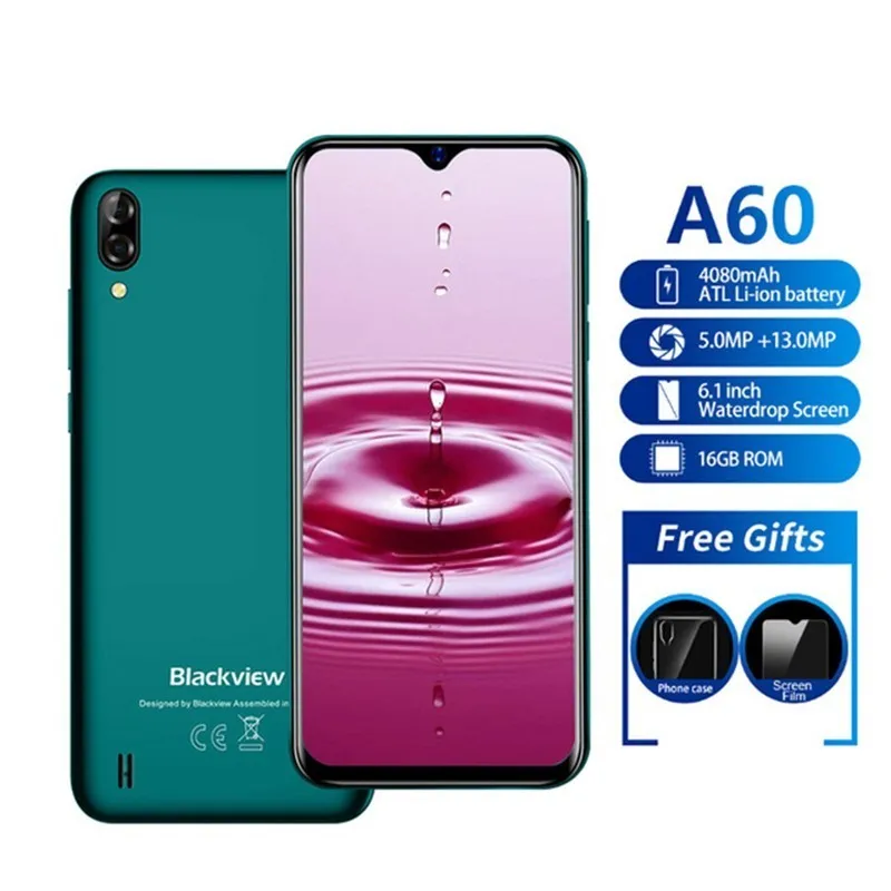 

Blackview A60 Smartphone 6.1" 19.2:9 Waterdrop Screen MT6580 Quad Core Android 8.1 4080mah 1GB+16GB Dual Camera 3G Mobile Phone