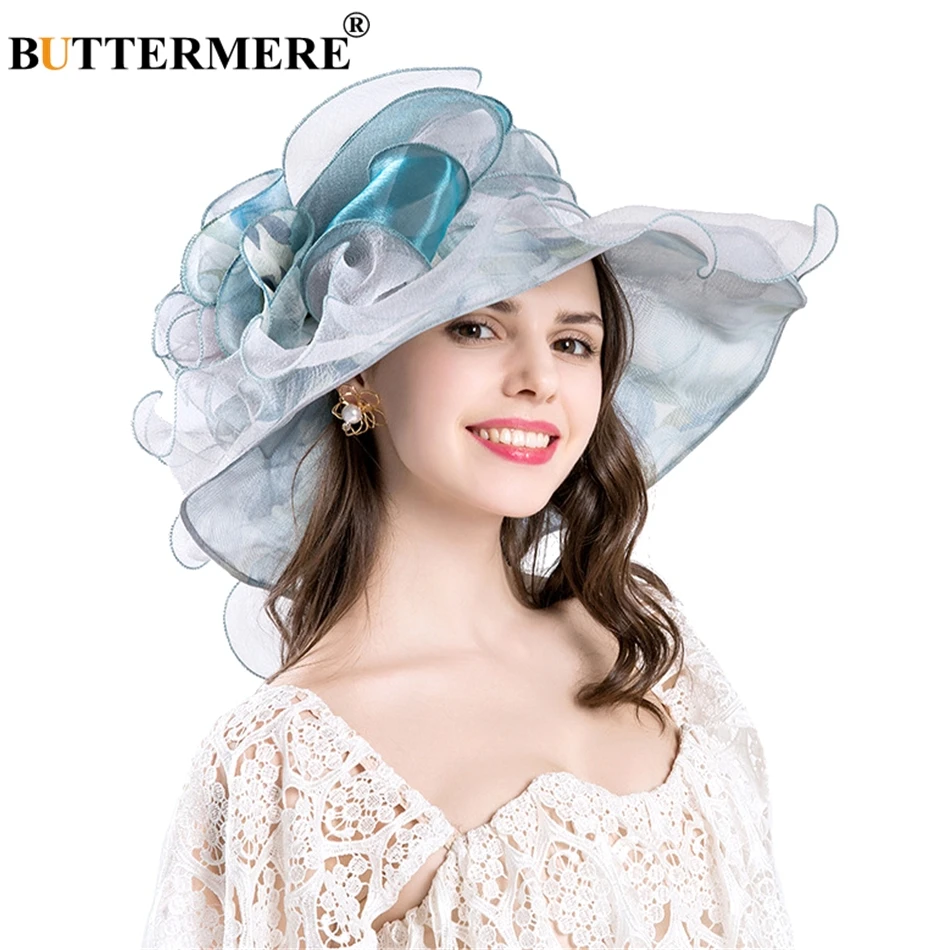 

BUTTERMERE Organza Sun Hats Women Flower Blue Female Summer Wedding Caps Elegant Floral UV Ladies Church Hats 2019 New Fashion