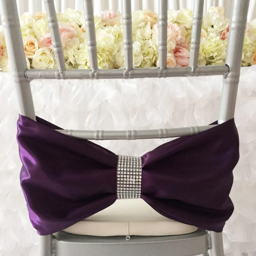 

100 pcs Hot Sale Colorful Chair Band Satin Sash chair Bow Diamond Buckle for Wedding Event Decoration