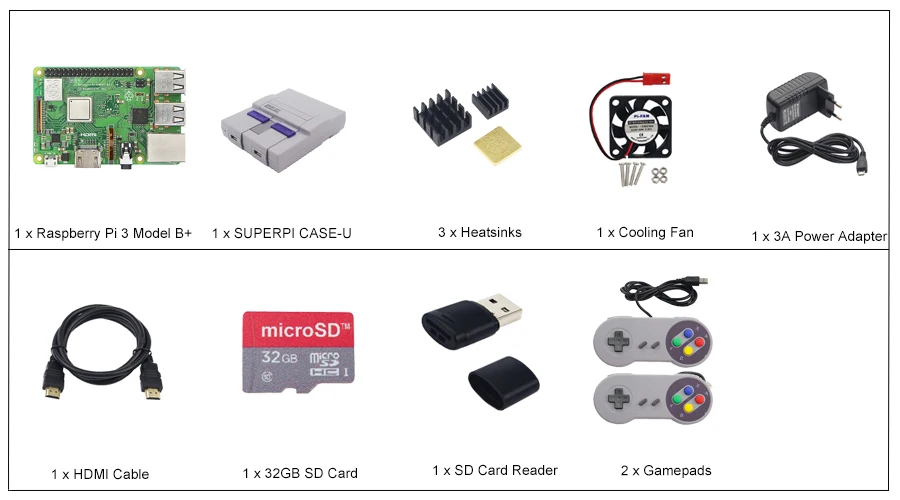 Retroflag Raspberry Pi 3 Model B+ Plus комплект+ sd-карта 32 ГБ+ адаптер питания+ вентилятор+ радиаторы+ HDMI кабель NESPI SUPERPI RetroPie