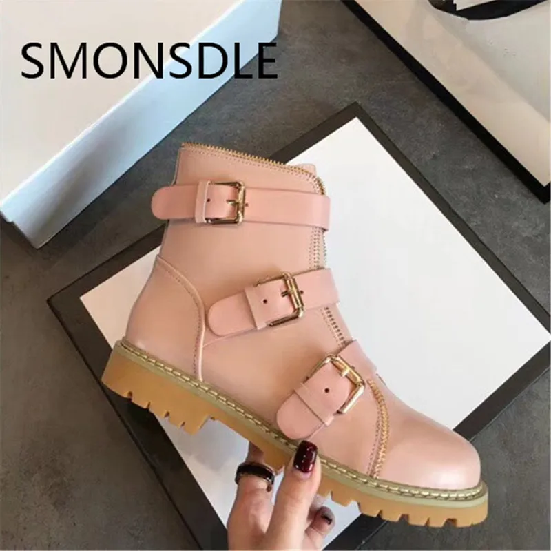 

SMONSDLE 2018 New Fashion Black Genuine Leather Women Ankle Boots Round Toe Buckle Strap Women Autumn Winter Boots Shoes Woman