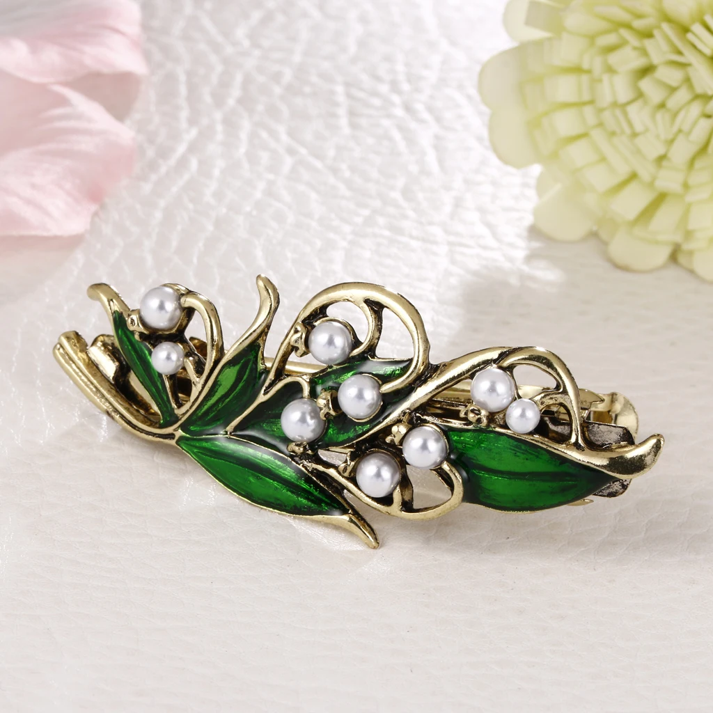 Retro Green Rhinestone Pearls Sprung Barrette Women Ladies Headwear Hairpin Hair Clip Accessories