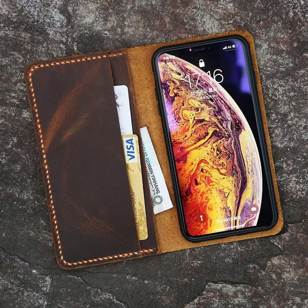 

Distressed Vintage Brown Leather wallet case for iPhone XS XR /real leather iPhone XS Max Wallet Case free engraving