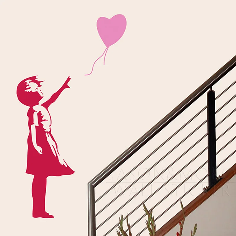Бэнкси Стиль любовное сердечка, шар маленькая девочка платье виниловая наклейка на стену наклейки на стену домашний Декор дети Room100x120cm украшения для малышей